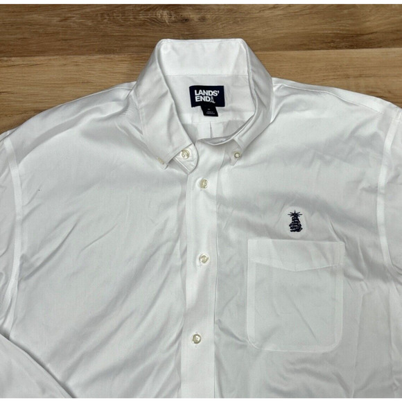 Lands' End Shirt Mens Medium White Cotton Button Down Pocket Logo - Picture 3 of 9